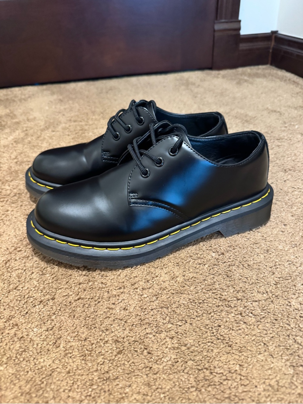 Dr. Martens Black Leather 3-Eye Derby Shoes with Yellow Stitching